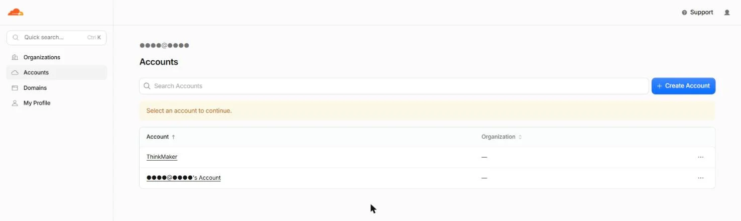Cloudflare 登入後選帳號的畫面